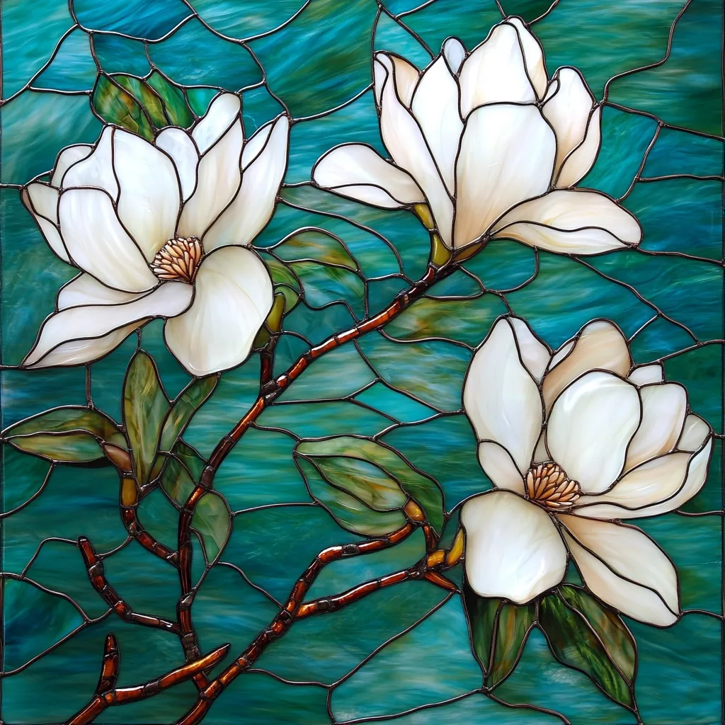 Here's a description of the image:

The image showcases a stunning piece of stained glass art depicting three white magnolia blossoms in full bloom.  The flowers are rendered with remarkable detail, their delicate petals and central stamens meticulously crafted from various shades of white and cream glass.  They are gracefully arranged on a branch with dark brown stained glass, set against a vibrant teal background, which resembles flowing water.  The teal glass is further subdivided into many small, irregular shapes that add texture and depth to the artwork.  The overall effect is one of serene beauty and skillful artistry.