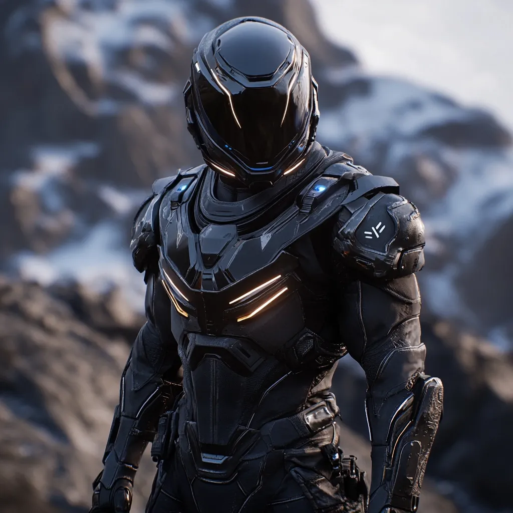 Here's a description of the image:

The image showcases a futuristic, armored figure, possibly a soldier or astronaut, standing against a blurred backdrop of dark, rocky terrain. The armor is sleek and predominantly black, with subtle orange glowing accents along the chest and shoulder plates.  The helmet is fully enclosed, obscuring the face, and features a glossy, reflective surface.  The figure's posture is upright and still, conveying a sense of readiness or alertness. The overall aesthetic suggests a science fiction or action setting.