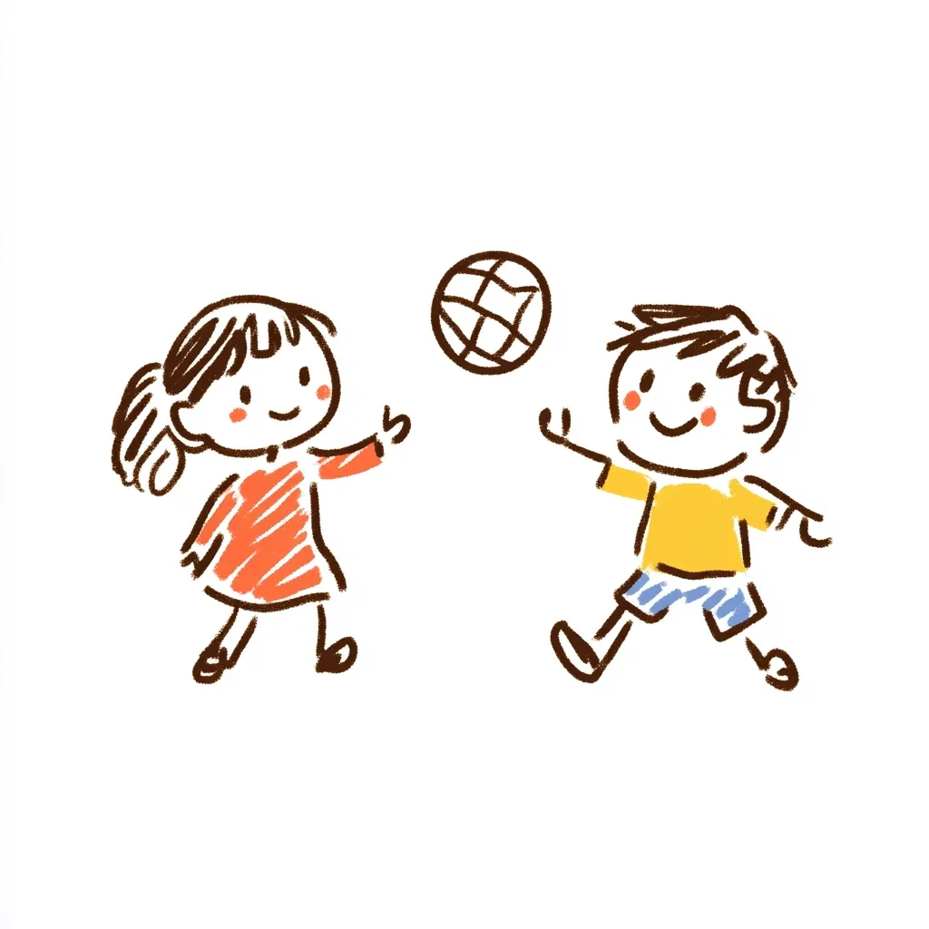Here's a description of the image:

The illustration shows a simple, childlike drawing of two young children playing with a ball. A girl in a red dress and a boy in a yellow shirt and blue shorts are depicted in a playful, slightly wobbly style, suggesting a carefree, informal sketch.  The ball is centrally located between them, implying interaction. The overall style is reminiscent of crayon or marker drawings, with visible texture in the lines and shading. The background is pure white, focusing attention on the children's activity.