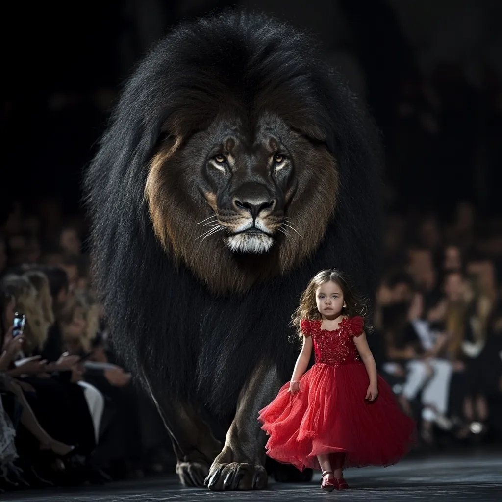 A young girl in a red dress walks a runway, a majestic black-maned lion calmly following behind her. The lion fills most of the frame, its powerful presence contrasting with the child's delicate demeanor. The background shows a blurred audience watching the unusual fashion show. The scene is dramatic and surreal, creating a captivating visual juxtaposition of innocence and wild power.  The lighting is dramatic, emphasizing the lion's dark mane and the girl's red dress.