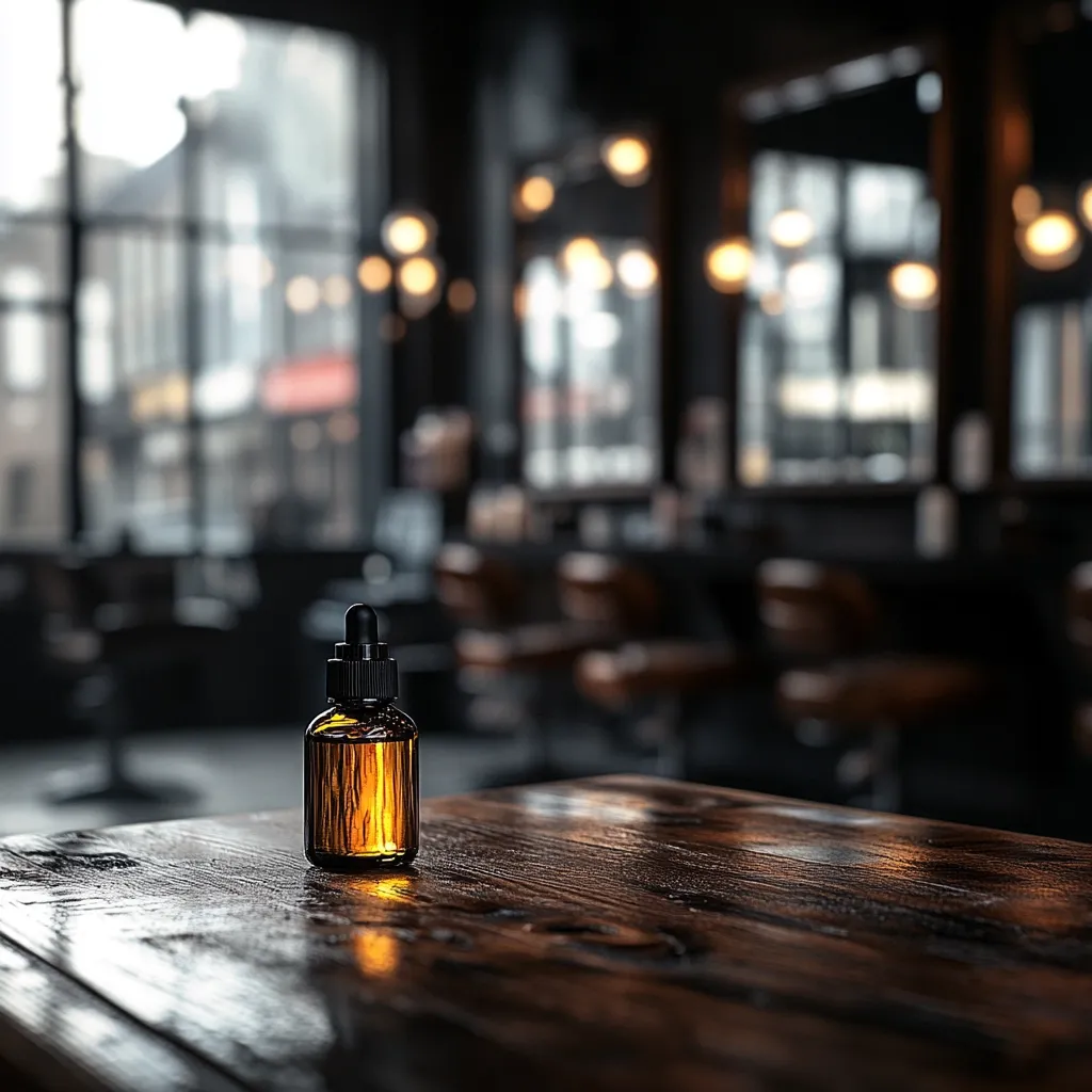 A small, amber glass bottle with a black dropper top sits on a dark, rustic wooden table.  The bottle is in sharp focus, contrasting with the blurred background of a dimly lit barbershop.  The background shows numerous barber chairs and large windows overlooking a city street. Warm, ambient lighting creates a sophisticated and inviting atmosphere. The overall image suggests a high-end, masculine grooming product.