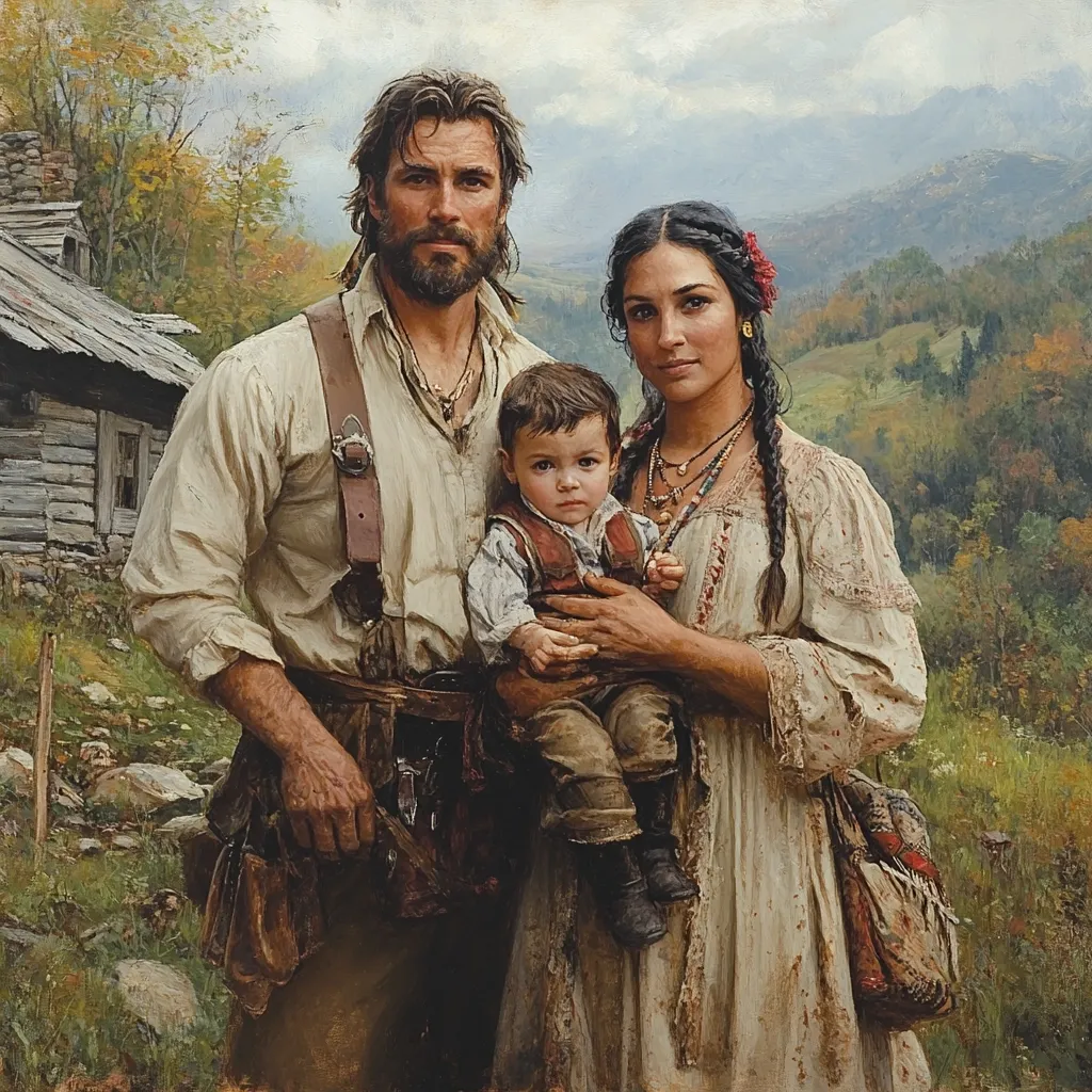 A painting depicts a family portrait set against a rustic backdrop. A bearded man in work attire, wearing suspenders and a tool belt, holds their toddler son.  The woman, with dark braided hair adorned with a flower, holds the child close, dressed in a long, flowing cream-colored gown.  Their weathered clothing and a dilapidated log cabin suggest a rural, possibly pioneer, setting. The rolling hills in the background are autumnal in hue, suggesting a peaceful, albeit simple life. The style is realistic and evocative of traditional portraiture.