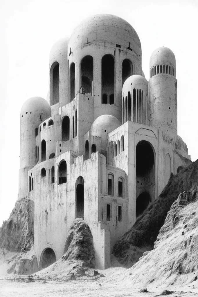 A striking black and white photograph depicts a massive, unfinished concrete structure resembling a fantastical castle or cathedral.  Numerous domes and arches are visible, suggesting a blend of architectural styles. The building appears partially buried in sand, adding to its mysterious and somewhat desolate ambiance.  The overall effect is one of grandeur and incompletion, evoking a sense of history and forgotten ambition.