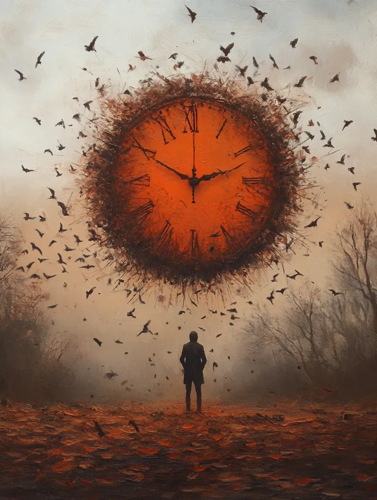 The painting depicts a surreal scene where a large, orange clock face explodes into a flurry of dark birds.  A lone figure stands in a misty, leaf-strewn forest, observing the chaotic dispersal. The overall mood is melancholic and suggestive of the passage of time, perhaps loss or the fleeting nature of existence. The contrast between the vibrant clock and the somber landscape emphasizes the unsettling nature of the image.  The birds could symbolize scattered memories or the erosion of time itself.