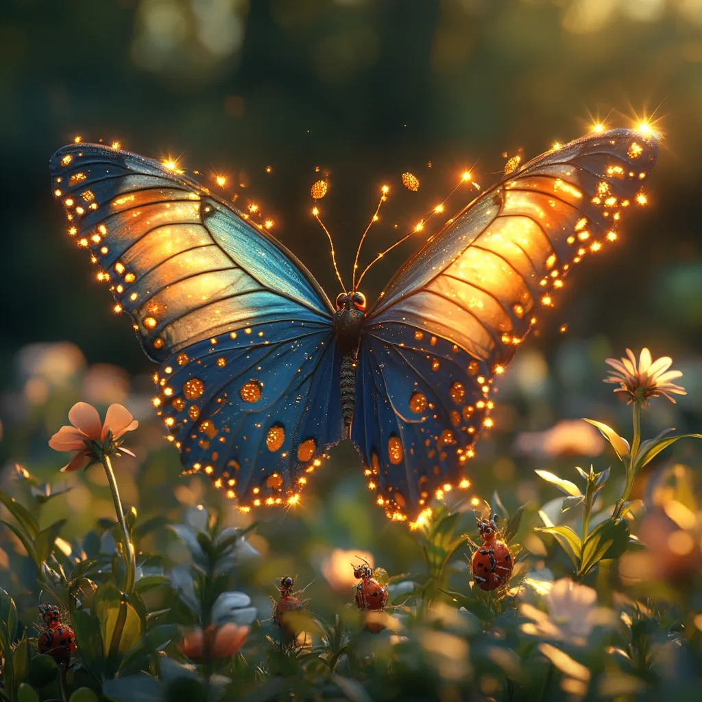 A digitally created image showcases a large, vibrant butterfly with iridescent blue and gold wings.  Tiny sparks of golden light encircle its edges, giving it a magical quality.  The butterfly is positioned above a field of small green plants and delicate flowers, with several ladybugs visible at the base. The overall mood is one of enchantment and serenity, enhanced by the soft, warm lighting.  The background is softly blurred, drawing focus to the butterfly and its surroundings.