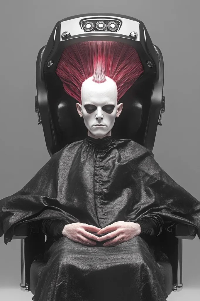 Here's a description of the image:

The image shows a figure with pale skin and a striking crimson mohawk seated in a futuristic, black barber chair. The chair has a sleek, curved design with built-in lighting at the top. The figure is dressed in a black, draped cape, their hands resting calmly in their lap, eyes closed in a serene posture. The overall aesthetic is one of otherworldly coolness, with a blend of science fiction and avant-garde fashion. The monochromatic background emphasizes the figure and chair as central elements.
