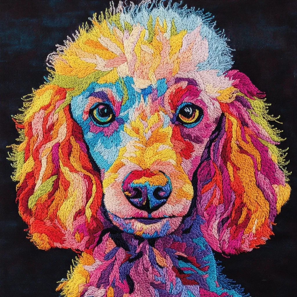 This vibrant artwork depicts a poodle's head and shoulders, rendered in a striking, multicolored embroidery style.  The dog's fur is a kaleidoscope of bright pinks, oranges, yellows, and blues, creating a highly textured and almost painterly effect. Its expressive eyes and detailed nose are realistically portrayed, contrasting the otherwise abstract fur. The piece is set against a dark background, emphasizing the dazzling colors of the embroidery. The overall style is bold and modern, capturing the playful energy of a pet.