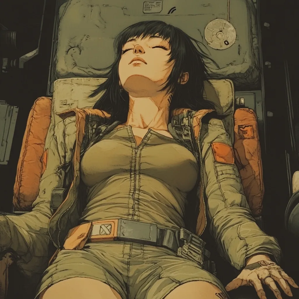 Here's a description of the image:

The illustration depicts a young woman with dark hair, eyes closed, peacefully sleeping or resting. She's dressed in a utilitarian, olive-green jumpsuit with an orange accent on the jacket and a dark grey belt with an orange buckle. The setting appears to be a spaceship or some form of advanced technology, indicated by the muted grey tones of the surrounding metallic or padded structure. The woman's relaxed posture and the overall muted color palette convey a sense of calm amidst a potentially technological or futuristic environment. The style is reminiscent of graphic novel or concept art, with detailed rendering of the clothing and textures.