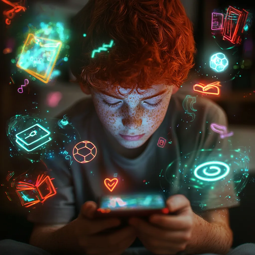 A freckled redhead boy, intensely focused, holds a smartphone.  Surrounding him are vibrant, neon-colored holographic icons depicting books, a soccer ball, a heart, and various other symbols, suggesting a blend of educational, recreational, and social media elements. The image evokes a sense of immersion in a digital world, showcasing the child's engagement with technology.  The dark background emphasizes the glowing icons and the boy's concentration.