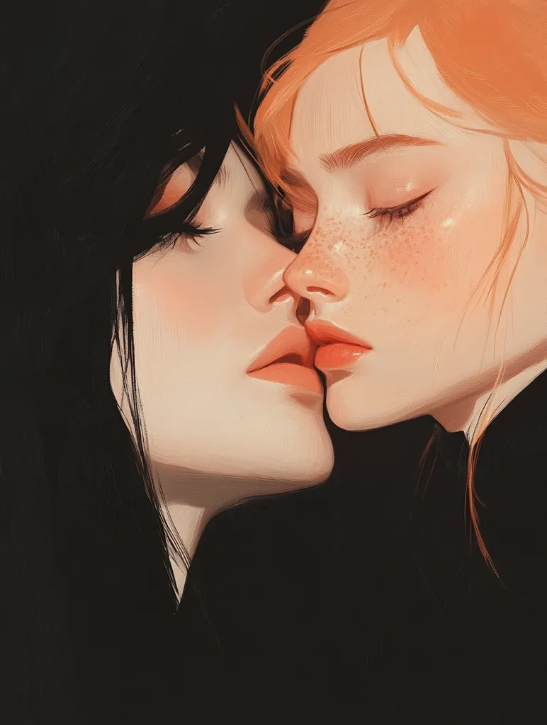 Here's a description of the image:

The artwork depicts a tender moment between two young women, sharing a kiss. One has long, dark hair, while the other's hair is a vibrant orange-red. Their faces are close, eyes closed, conveying intimacy and affection. The style is painterly, with soft shading and smooth skin tones. The background is dark, focusing attention on the central figures and emphasizing their closeness. The overall mood is romantic and serene.