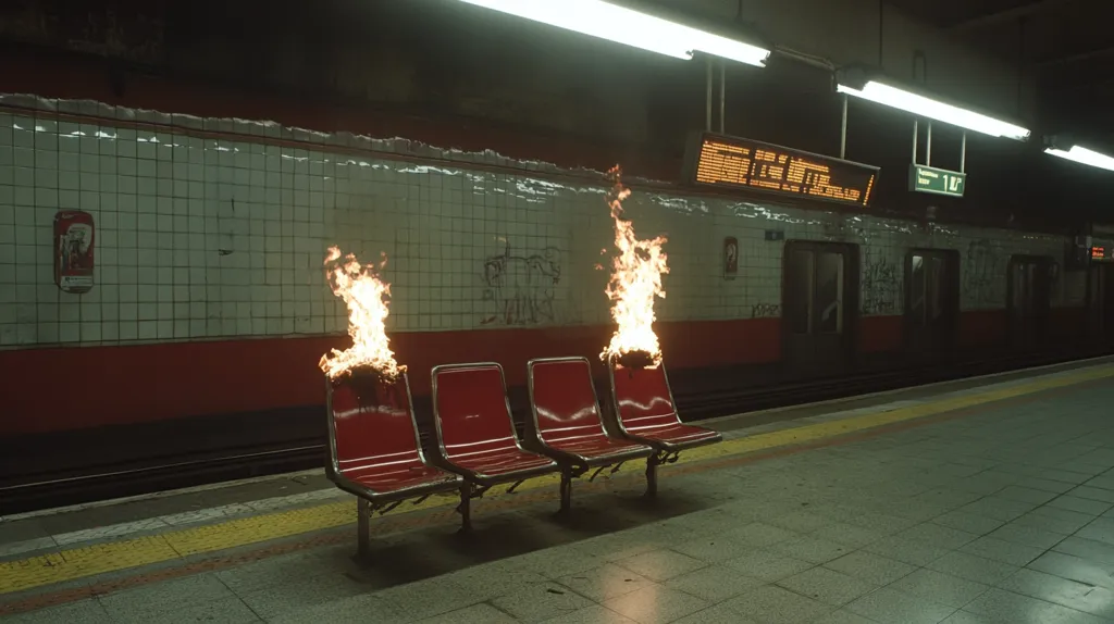 Here's a description of the image:

The photograph depicts a deserted subway platform at night.  Four red seats are positioned centrally, each engulfed in flames. The flames are bright and intense, contrasting with the dim, somewhat gritty ambiance of the station. The subway car behind is partially visible, its tiled walls marked with graffiti.  The overall mood is surreal and slightly unsettling, suggesting a scene of either vandalism or artistic expression.  The platform's tiles are a muted grey-green, and the overhead fluorescent lights cast a long, pale glow.