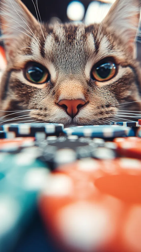 Here's a description of the image:

Close-up view of a tabby cat's face, its nose and eyes sharply in focus, while its ears and the background are slightly blurred. The cat's expression is serious and intense, gazing directly at the viewer. The cat's fur is predominantly brown and gray, with darker stripes. The background is out of focus but appears to consist of poker chips, suggesting a playful or thematic context. The overall impression is one of curiosity and a slightly mischievous gaze.