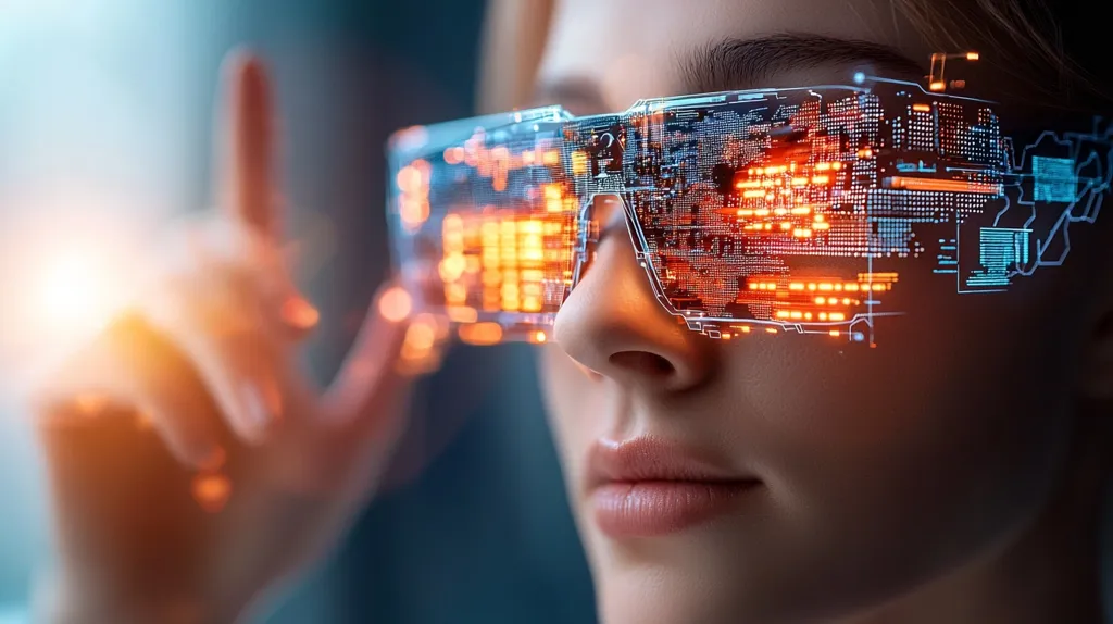 Close-up of a person wearing futuristic glasses displaying vibrant, glowing data streams.  The lenses showcase intricate circuit board patterns and orange code, suggesting augmented reality or a heads-up display.  The individual's hand gestures imply interaction with the technology, highlighting a seamless blend of human and digital worlds.  The overall aesthetic evokes a sense of technological advancement and innovation.