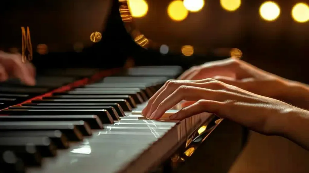 Close-up view of hands playing a piano.  The keys are sharply in focus, while the background is softly blurred, showing warm, out-of-focus lights suggesting a performance setting. The pianist's hands are positioned delicately on the keys, conveying a sense of grace and musicality. The image evokes a feeling of intimacy and artistic expression.