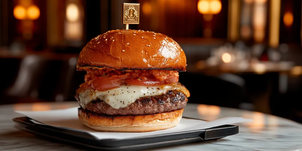 A gourmet burger sits on a white square paper on a dark gray tray atop a marble table.  The burger features a toasted sesame seed bun, a juicy grilled patty, melted mozzarella cheese, and a vibrant tomato relish.  The background is a blurred image of a sophisticated restaurant setting, suggesting a high-end dining experience.  A small gold logo is visible on a toothpick inserted into the bun.