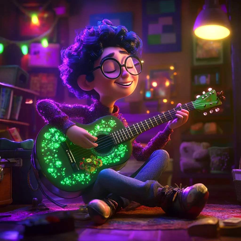 A digitally rendered image depicts a young, dark-haired boy with glasses, sitting on a floor illuminated by warm lighting. He's playing a vibrantly colored, green acoustic guitar adorned with glowing, floral designs. His expression is serene and joyful as he strums the instrument. The background shows a cozy room with bookshelves and string lights, suggesting a homely and artistic atmosphere. The overall style is whimsical and evocative of animation.