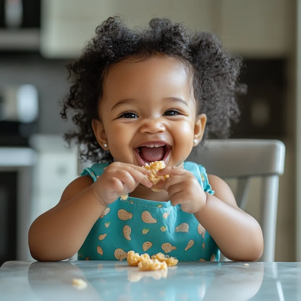 A happy toddler with dark, curly hair enthusiastically eats a small, crumbly snack.  She's seated at a table, wearing a teal dress with a light pattern. Her joyful expression is emphasized by her wide-open mouth and bright eyes.  A few crumbs are scattered on the table in front of her. The background is softly blurred, focusing attention on the child's delighted face.