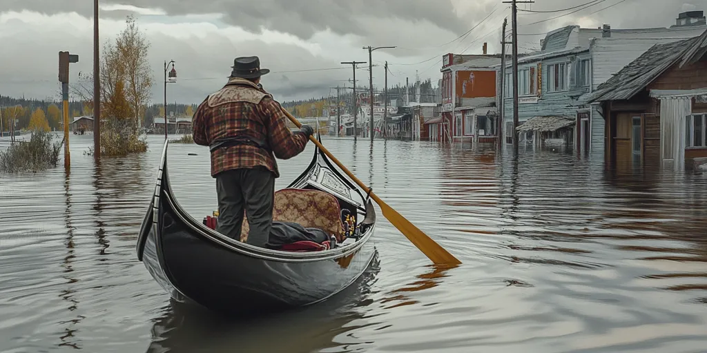 A man in a plaid shirt and hat sits in a gondola, navigating floodwaters that engulf a small town.  The water reaches the lower levels of wooden buildings, their details partially obscured.  Utility poles and power lines rise from the submerged streets.  Autumnal foliage is visible in the background, hinting at the season. The scene portrays a dramatic impact of flooding on the community.