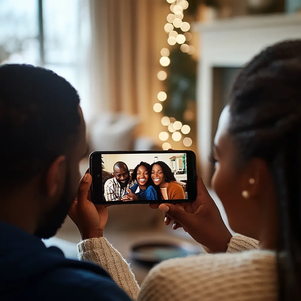 Here's a description of the image:

A Black couple sits comfortably on a couch, holding a smartphone displaying a video call with another Black couple.  The on-screen couple appears happy and relaxed. The warm lighting suggests an evening setting, perhaps during the holiday season, indicated by a blurred Christmas light backdrop. The focus is on the couple viewing the video call, their backs to the camera, highlighting the intimacy and connection of the long-distance communication.  The overall mood is one of warmth, connection, and festive cheer.