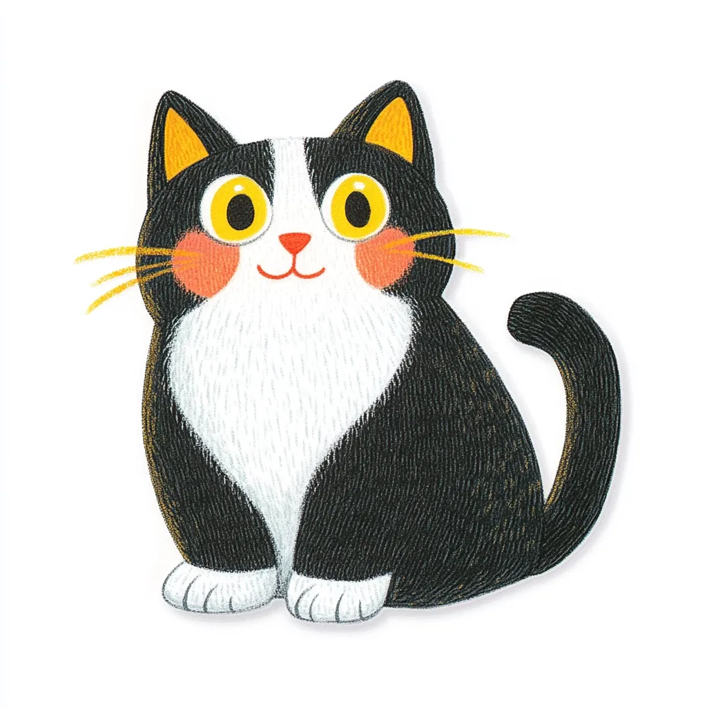 Here's a description of the image:

The illustration shows a charming tuxedo cat, predominantly black with a white chest and belly.  Its large, expressive yellow eyes and rosy cheeks give it a sweet and friendly appearance. The cat is depicted in a sitting position, its tail curled neatly behind it. The style is simplistic yet detailed, with textured shading giving the fur a soft look.  The overall impression is one of cheerful cuteness.