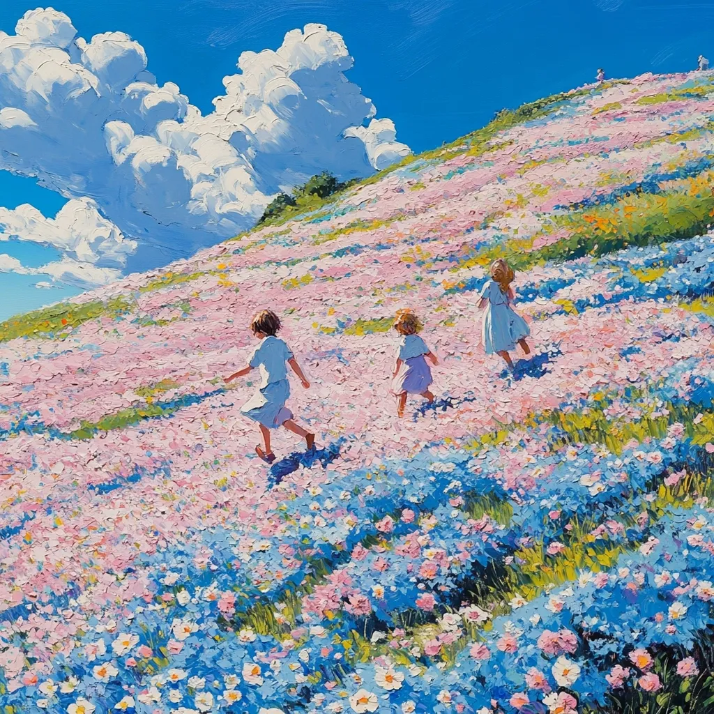 Here's a description of the image:

A vibrant, impressionistic painting depicts three children running up a hill blanketed in a profusion of pink and blue wildflowers.  The sky is a clear, bright blue, punctuated by fluffy white clouds. The children, rendered in simple strokes, wear light-colored dresses and appear carefree and joyful. The overall style is playful and optimistic, evoking a sense of summer and childlike wonder.  The impasto technique adds texture and depth to the floral field, creating a visually rich and appealing landscape.