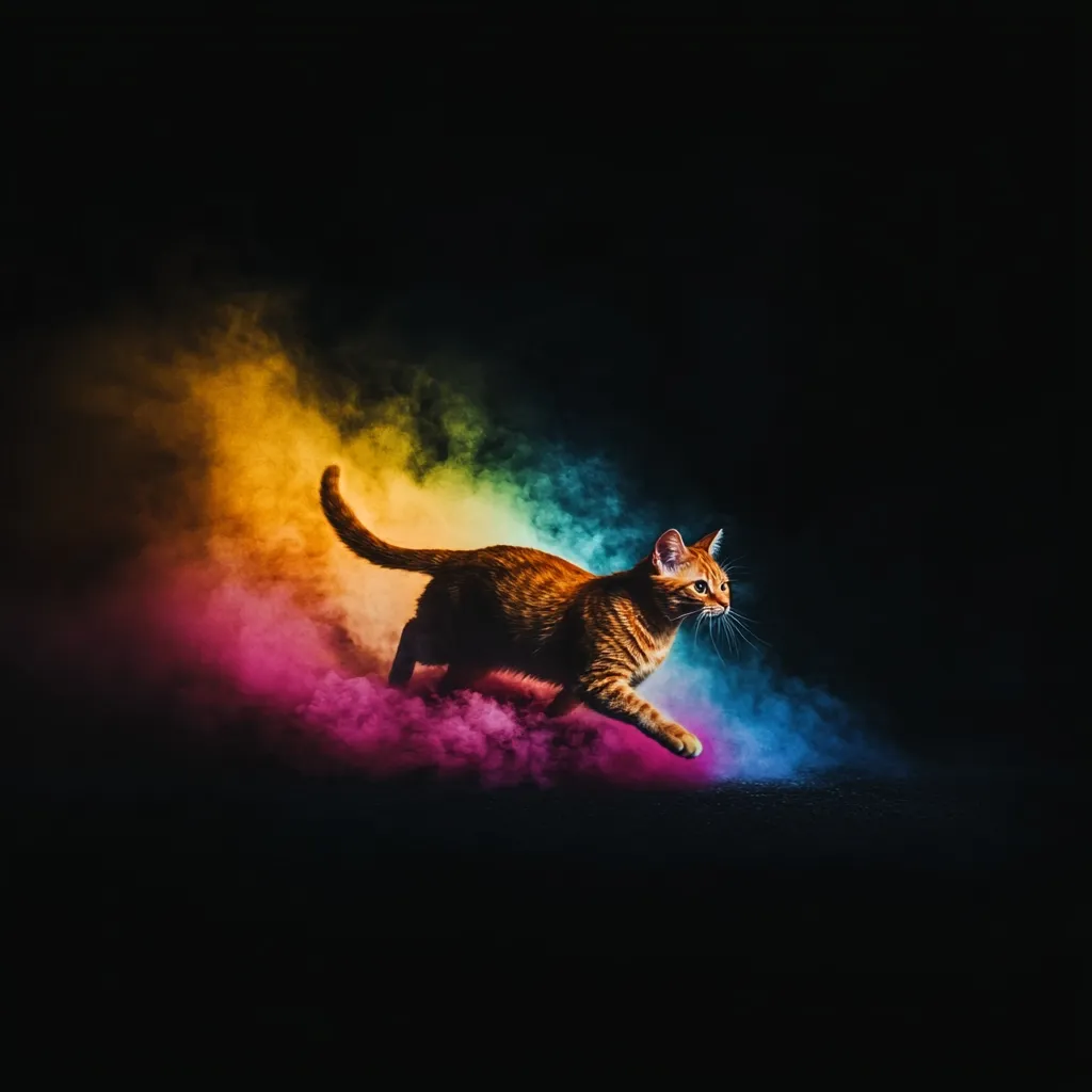 A ginger tabby cat gracefully leaps through a vibrant, multicolored smoke cloud against a stark black background.  The smoke swirls in shades of orange, yellow, pink, and blue, creating a dramatic and ethereal effect. The cat's fur is highlighted by the colorful haze, making it appear almost magical as it moves with effortless elegance. The image is strikingly beautiful and evokes a sense of fantasy.