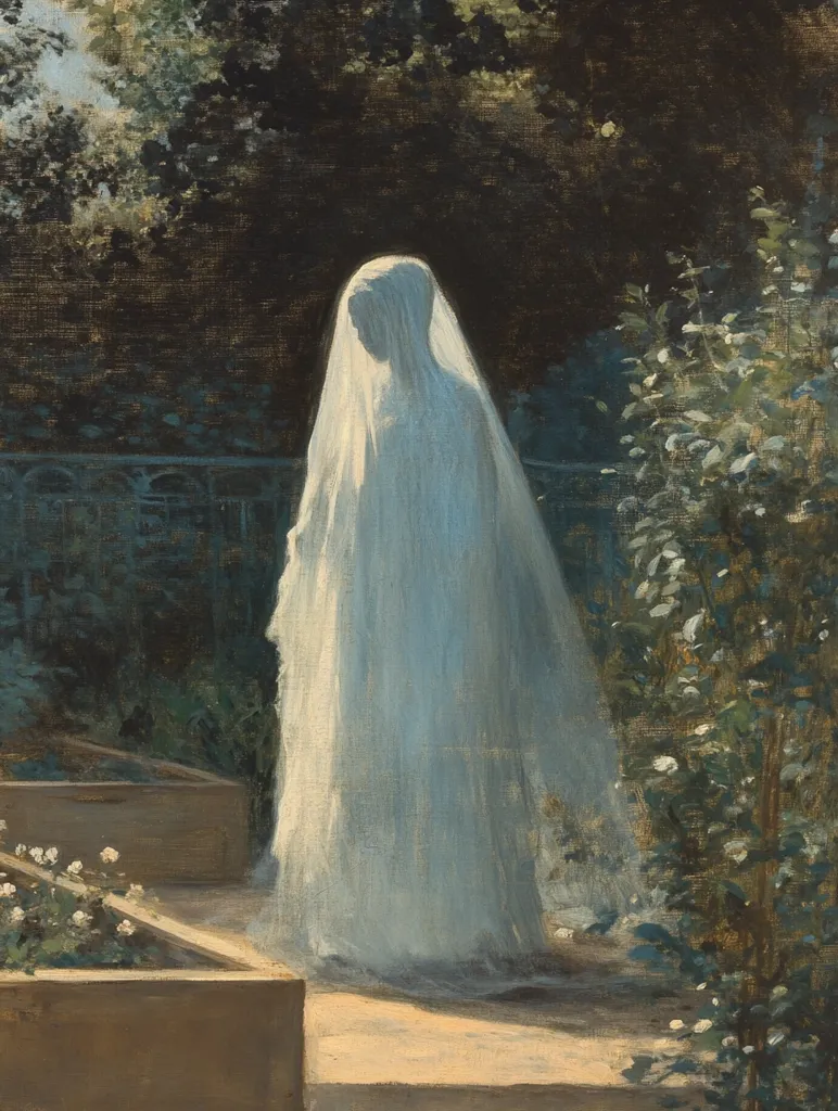 The painting depicts a veiled figure, possibly a woman, standing in a garden. The figure is dressed in a flowing, light-blue or white gown, almost ghostlike in its ethereal quality.  The garden setting is dimly lit, with dark, leafy trees and bushes providing a stark contrast to the bright, sunlit path where the figure stands. Raised garden beds filled with flowers flank the path. The overall mood is serene, slightly melancholic, and suggestive of mystery.  The artist's focus on light and shadow enhances the mysterious and dreamlike atmosphere.