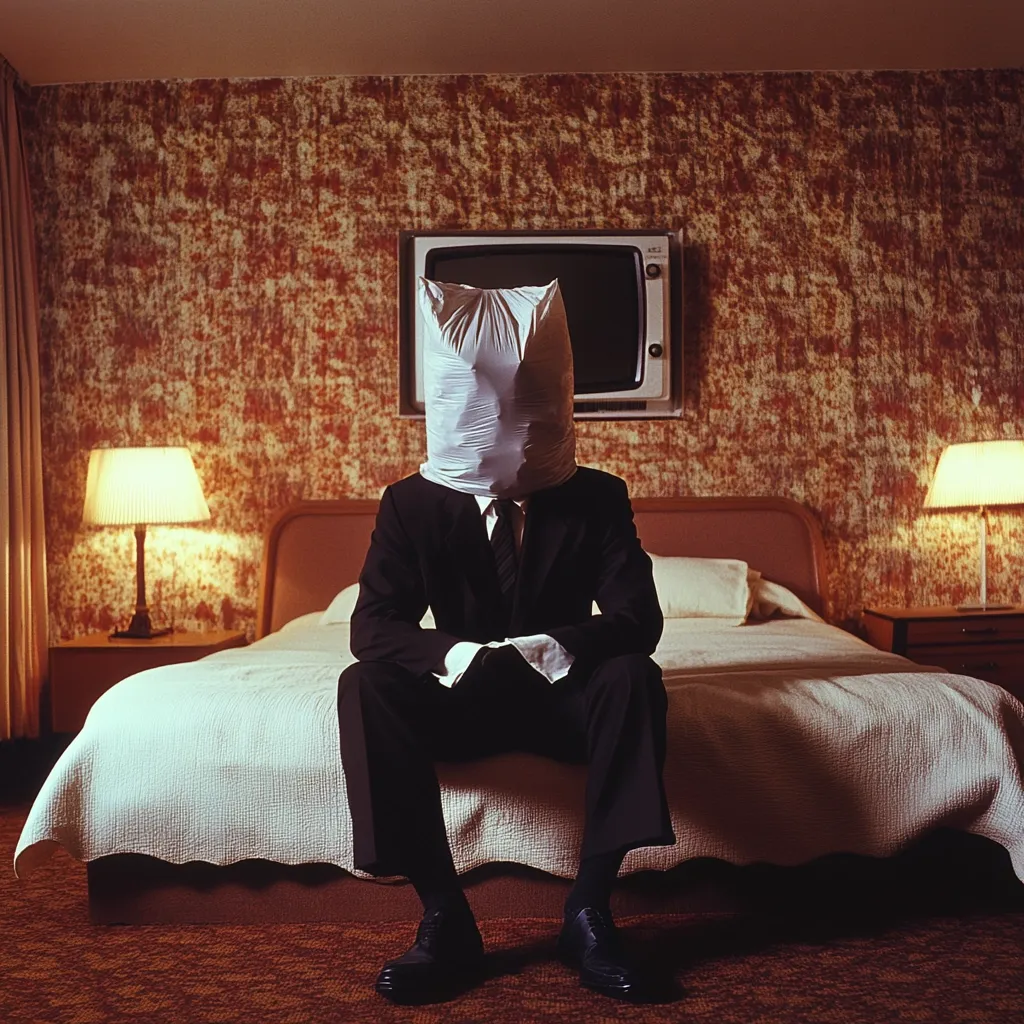 A man in a dark suit sits on the edge of a bed in a dimly lit motel room. His head is concealed by a plastic bag. A vintage television is mounted on the wall above the bed, and table lamps flank the bed. The room's wallpaper is a mottled reddish-brown. The overall mood is somber and unsettling, suggesting anonymity or a sense of isolation.  The image's stark simplicity creates a powerful visual statement.