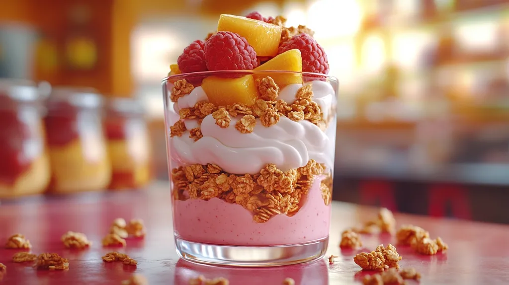 Here's a description of the image:

A close-up shot reveals a delectable parfait nestled in a clear glass.  Layered from top to bottom, it features fresh raspberries and peach slices, a generous dollop of whipped cream, a crunchy granola layer, and a base of pink yogurt or smoothie.  The vibrant colors and textures are sharply defined, enhancing the dessert's appeal.  The background is softly blurred, showing a warm-toned setting with out-of-focus jars, possibly containing similar parfaits, adding depth to the image.  A few stray granola pieces scatter across the table in front of the parfait. The overall impression is one of deliciousness and summery freshness.