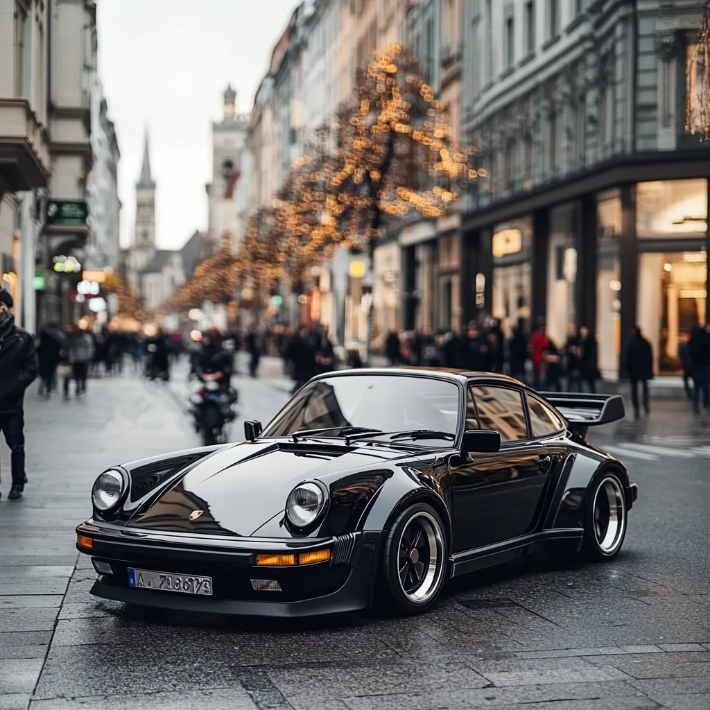 Here's a description of the image:

A sleek, black Porsche 911 Turbo (930 generation) is the focal point, parked on a cobblestone street in a European city. The car gleams under soft, ambient light, highlighting its wide body kit and polished finish.  The background is blurred but shows a bustling street scene with pedestrians and festive holiday lights adorning the trees lining the buildings. The architecture is classic European, with tall buildings and storefronts. The overall mood is one of sophisticated elegance and urban charm.