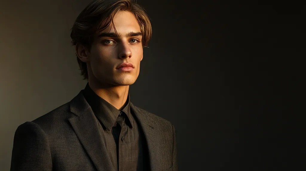 Here's a description of the image:

The photograph showcases a young man with shoulder-length brown hair, styled with a slight wave.  His light-colored eyes and strong jawline are prominent features. He's dressed in a dark gray, textured suit jacket over a black collared shirt, creating a sophisticated and stylish look. The background is a dark, muted gray, providing a stark contrast that emphasizes the subject. The lighting is dramatic, highlighting his face and hair, giving an almost cinematic quality to the portrait.  The overall mood is serious and intense.