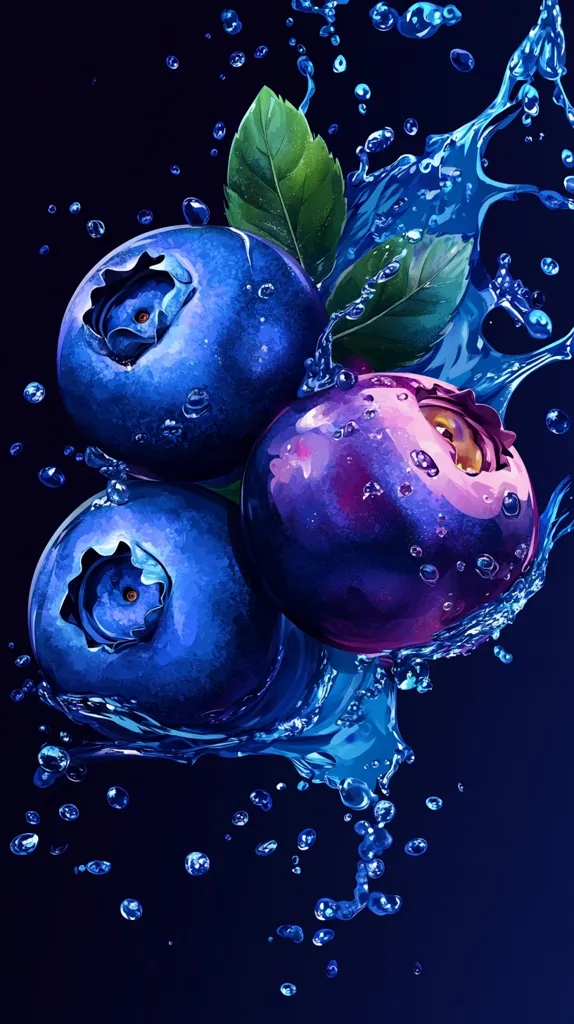 Here's a description of the image:

The image is a vibrant close-up of three blueberries, one of which displays a purplish hue, seemingly submerged in a splash of water against a dark blue background.  Water droplets are scattered throughout the image, adding to the dynamic feel.  Green leaves peek out from behind the fruit, suggesting freshness. The blueberries are rendered with a glossy, almost hyperrealistic style, emphasizing their juicy texture and rich color. The overall effect is one of lively energy and visual appeal.