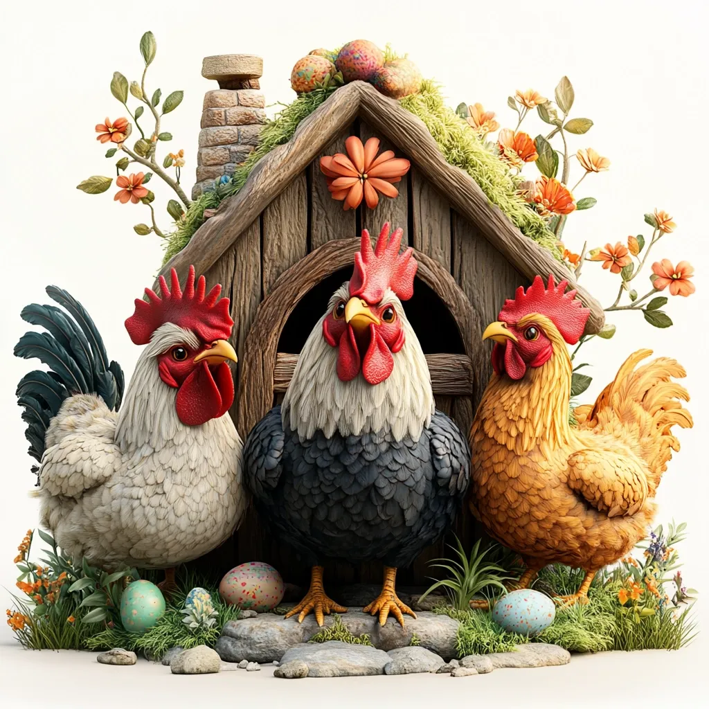 Here's a description of the image:

Three stylized roosters, one white, one black, and one golden, stand proudly in front of a rustic wooden henhouse.  The coop is adorned with moss, wildflowers, and speckled Easter eggs.  The roosters are rendered with a fluffy, almost plush texture.  The scene is set against a stark white background, highlighting the vibrant colors and whimsical details of the illustration.  The overall style is charming and suggestive of springtime or an Easter celebration.