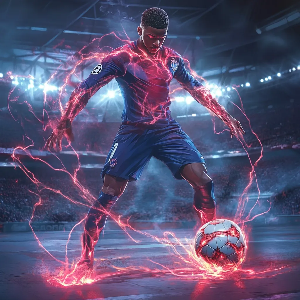 Here's a description of the image:

The image depicts a powerful, stylized soccer player in a dynamic pose, seemingly controlling a glowing soccer ball.  He's clad in a blue jersey, and his body is enveloped in vibrant, red electric energy, creating a dramatic and surreal effect. The setting is a large, dimly lit stadium, suggesting a momentous game. The player's intense focus and the energized atmosphere convey a sense of power and excitement, enhancing the overall captivating visual. The overall aesthetic is hyperrealistic, blending athleticism with fantasy elements.