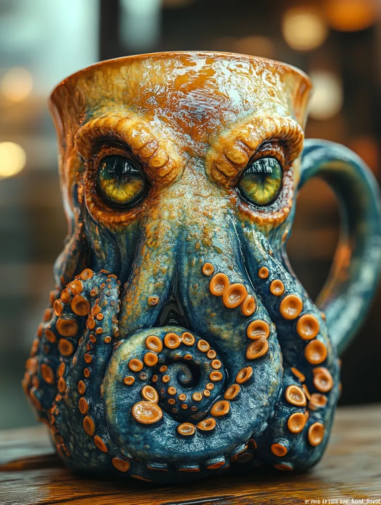 Here's a description of the image:

Close-up view of a meticulously crafted ceramic mug shaped like an octopus. The mug is predominantly dark teal and blue, with accents of orange-brown on the octopus's suckers and head.  The octopus's eyes are realistically rendered, giving it a somewhat menacing yet captivating expression. The texture of the ceramic is highly detailed, mimicking the skin and suckers of a real octopus. The mug sits on a dark wooden surface, with a blurry background suggesting an indoor setting.  The overall impression is one of artistic skill and quirky design.