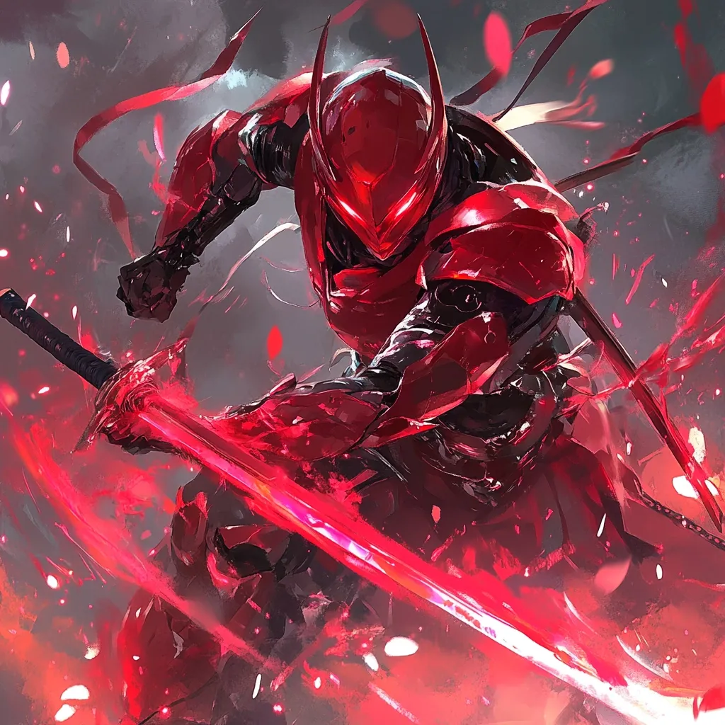 The image depicts a stylized samurai warrior clad in crimson, futuristic armor.  The figure wields a glowing red katana, its blade a vibrant streak against a backdrop of swirling red energy and scattered, petal-like particles. The warrior’s helmet obscures their face, adding to the mysterious and powerful aura. The overall style is dynamic and dramatic, suggesting intense action and movement. The color palette is dominated by deep reds and blacks, creating a visually striking contrast.