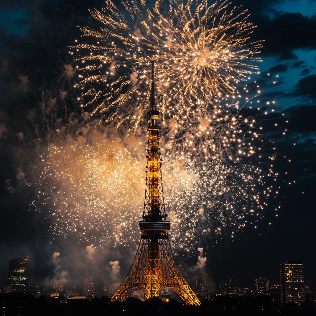 A breathtaking nighttime scene features a towering structure, resembling the Eiffel Tower, silhouetted against a vibrant fireworks display.  Golden sparks illuminate the night sky, creating a dazzling spectacle around the structure.  A cityscape is visible in the background, adding depth to the dramatic composition. The overall effect is one of celebratory grandeur and breathtaking beauty.