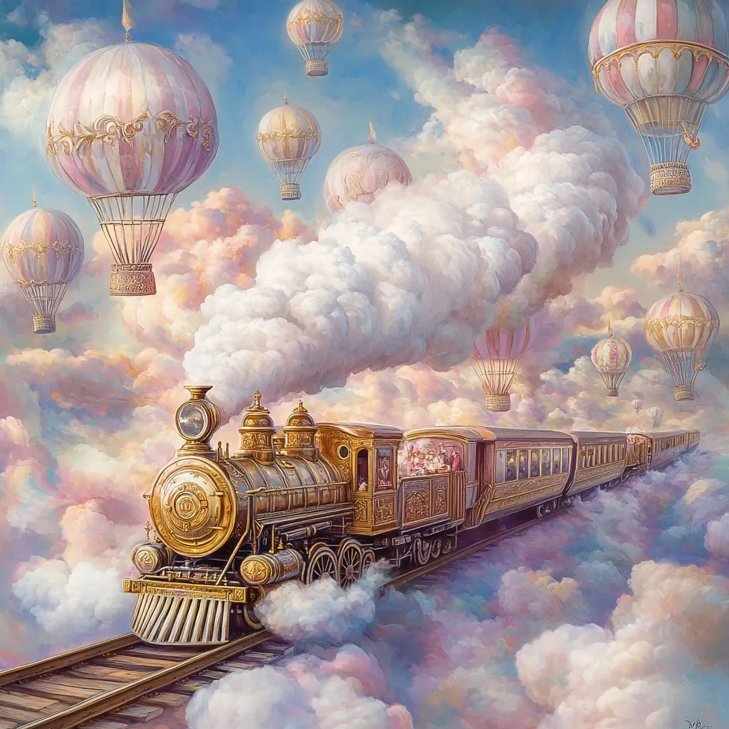 A whimsical painting depicts a golden steam train chugging through a sky filled with fluffy clouds and pastel-colored hot air balloons. The train, ornately detailed, carries passengers in elegant carriages.  Surrounding it, numerous balloons drift lazily, creating a dreamy, surreal atmosphere reminiscent of a fantastical journey above the world. The overall style is romantic and nostalgic, evoking a sense of wonder and adventure.