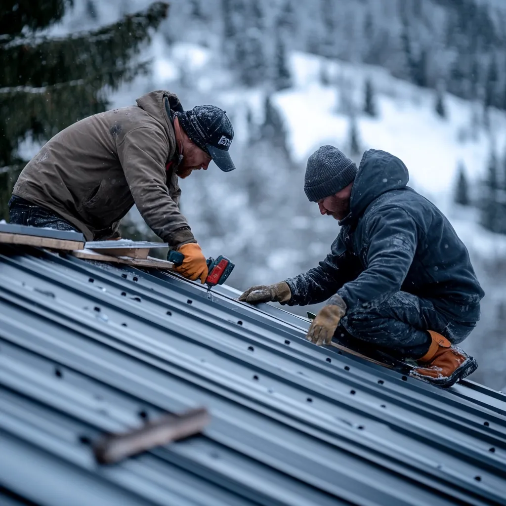 Two men work on a metal roof in a snowy, mountainous setting.  One man uses a power drill to secure metal sheeting, while the other assists, holding the material in place. Both wear warm work clothes and gloves, suitable for the cold weather. The background is blurred, highlighting the snowy landscape and distant trees.  The focus is on the workers and their task, emphasizing a collaborative effort in challenging conditions.
