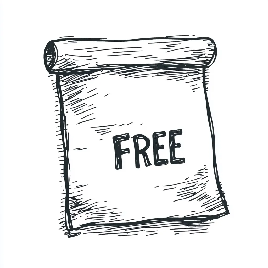 Here's a description of the image:

The image is a hand-drawn sketch of a rolled-up piece of paper or parchment.  The top is rolled and secured, resembling a scroll. The main body of the "scroll" is rectangular and slightly irregular, suggesting a casual, handmade quality.  The word "FREE" is prominently written in the center in a simple, bold typeface. The style is reminiscent of a vintage illustration or a quick drawing, with visible hatching and shading to create texture and depth.  The overall impression is one of a simple, informal announcement or sign indicating something is free.