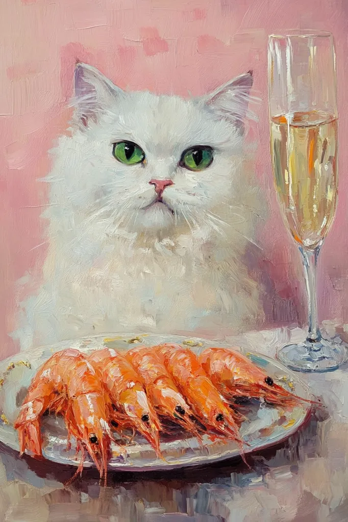 Here's a description of the image:

An oil painting depicts a fluffy white Persian cat with striking green eyes, seated before a plate of cooked shrimp.  The cat stares intently at the viewer.  A champagne flute sits on the table next to the plate, adding a touch of elegance. The background is a soft, pale pink. The style is painterly, with visible brushstrokes contributing to a textured effect, giving the scene a whimsical and slightly surreal quality. The overall mood is calm yet intriguing.