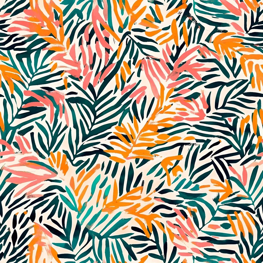 The image is a vibrant, tropical-themed print featuring stylized palm fronds.  The leaves are rendered in a bold, painterly style with contrasting colors: deep teal, burnt orange, and coral pink against a creamy off-white background.  The design is dense and overlapping, creating a lively, energetic texture.  The overall effect is a modern, playful interpretation of lush, exotic foliage.