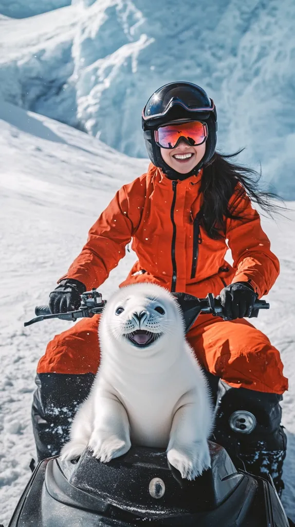 Here's a description of the image:

A woman in an orange snowsuit and ski helmet, with pink-lensed goggles, sits on a snowmobile.  A small, white seal pup sits happily on the snowmobile's front, its paws resting on the controls.  The woman smiles broadly, clearly enjoying the unusual company.  The background features a snowy, mountainous landscape with icy formations, suggesting a cold, arctic environment. The overall mood is joyful and lighthearted, capturing an unexpected and heartwarming moment.