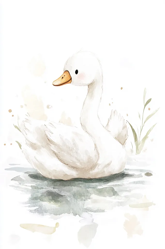 Here's a description of the image:

The watercolor painting depicts a charming, stylized swan gracefully floating on calm water. The swan is predominantly white with subtle shading to suggest volume and texture. Its beak is a soft orange, and its eyes are small and dark. The background is a minimalist blend of soft grays and greens, hinting at reeds or aquatic plants, with delicate watercolor washes adding a dreamy feel.  The overall style is gentle and serene, suitable for children's art or nursery décor.