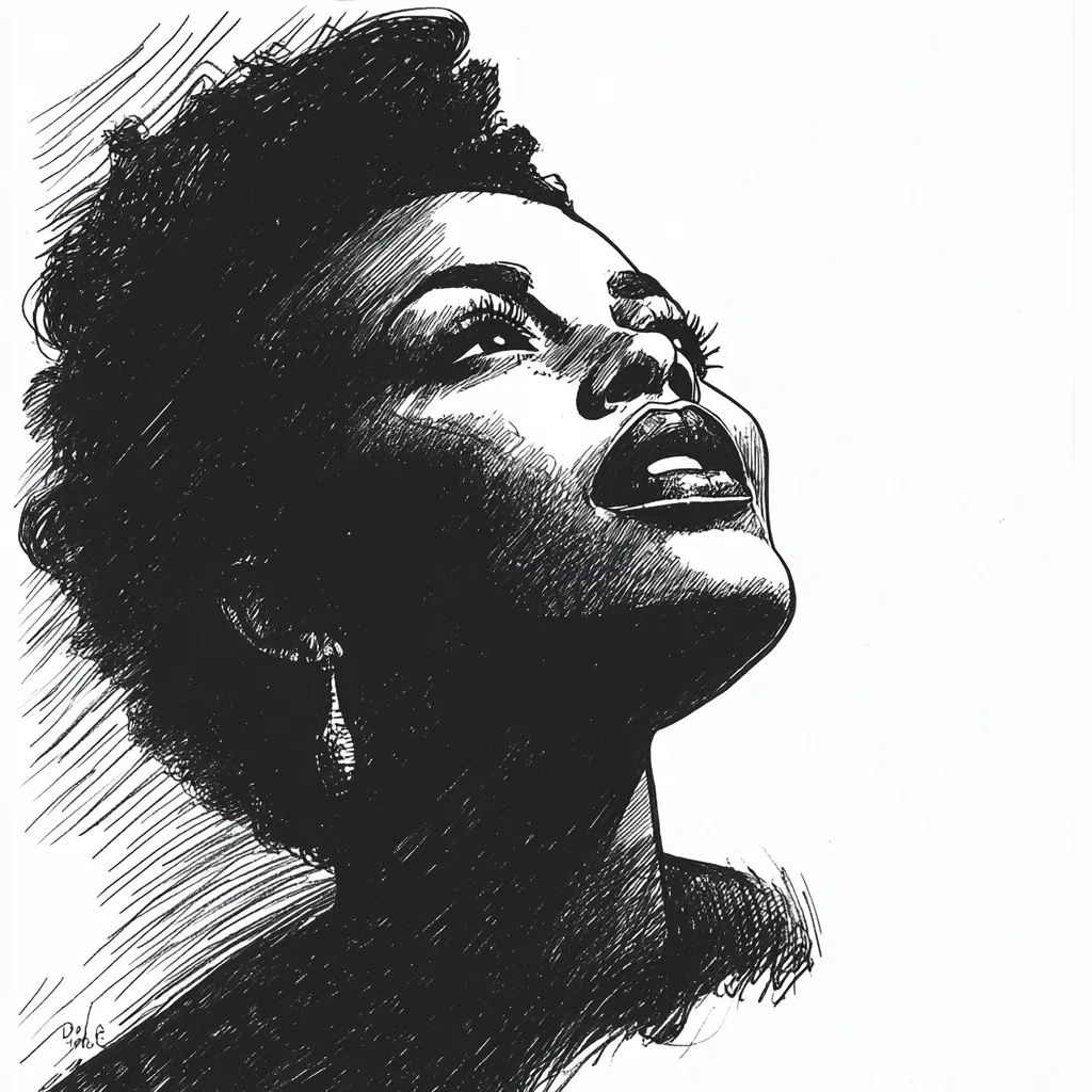 Here's a description of the image:

The illustration is a striking black and white pen-and-ink drawing of a woman's head and shoulders. Her short, dark, curly hair is styled upward. Her face is tilted back, mouth open slightly, eyes looking up, suggesting awe, joy, or perhaps song.  The style is expressive and dramatic, with heavy use of shading and cross-hatching to create strong contrasts and texture.  The background is white, allowing the dark figure to stand out prominently.  The overall impression is one of power and emotion.