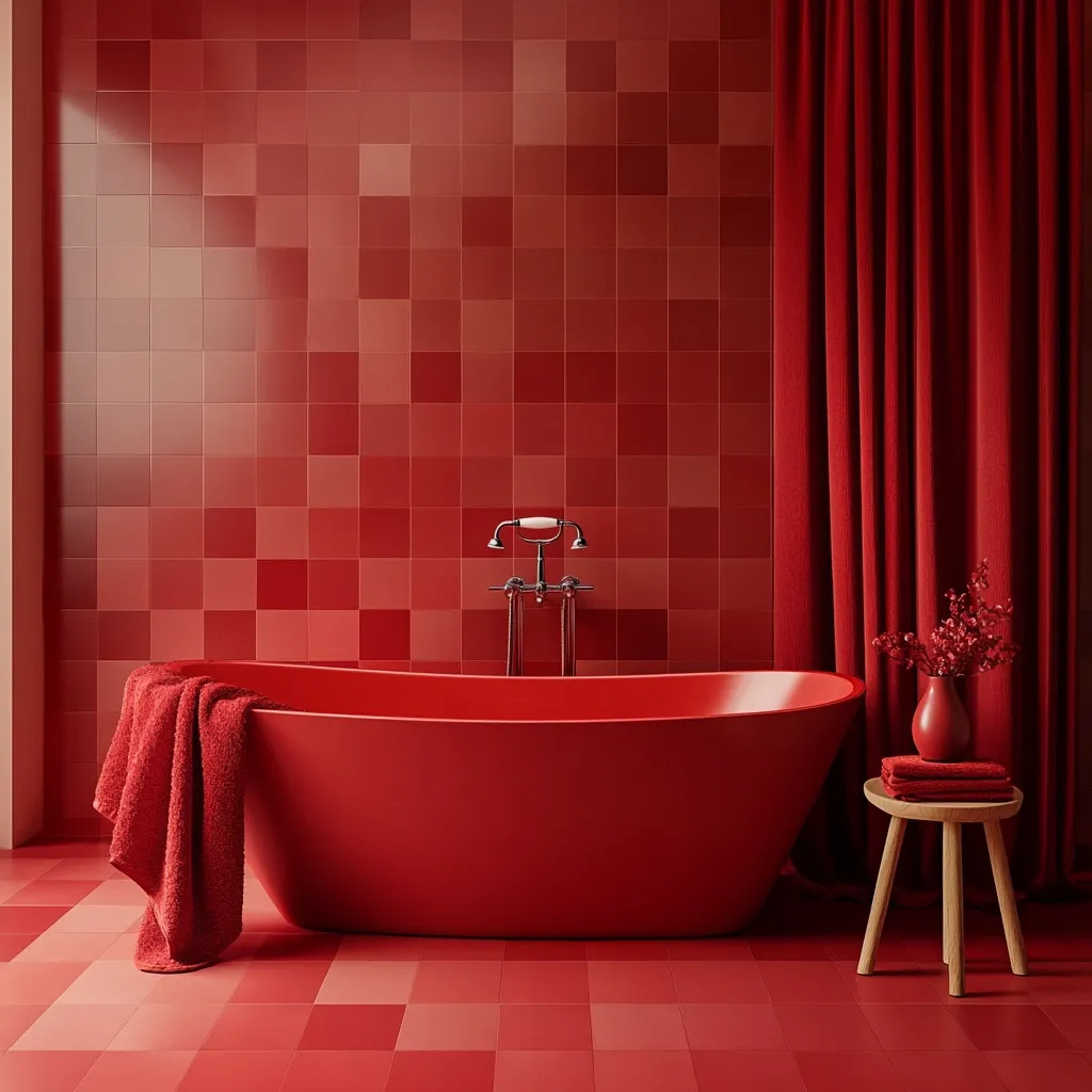 A monochromatic red bathroom features a freestanding bathtub, matching the color of the tiled walls and floor.  The tiles are arranged in a varied-sized grid pattern. A red towel drapes over the side of the tub. A red curtain hangs to the right, and a small wooden stool holds a folded towel and a vase with red flowers.  The overall effect is one of minimalist elegance and bold color.