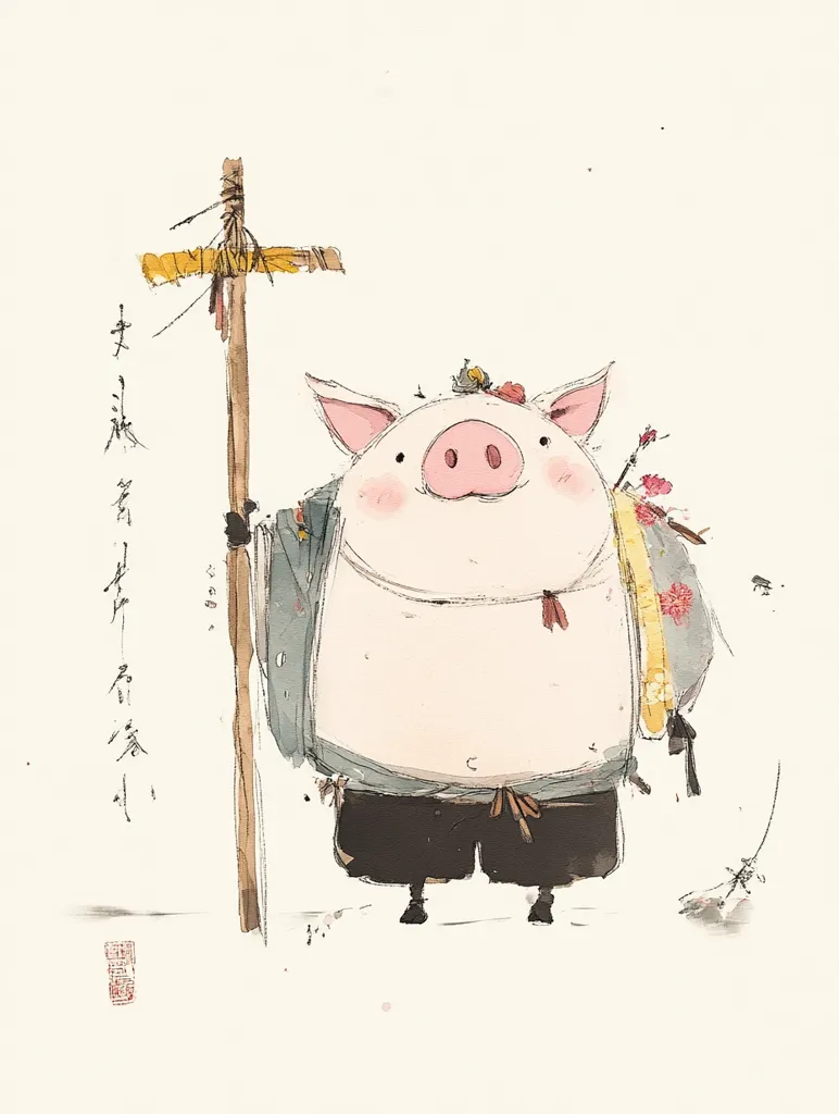 A whimsical illustration depicts a pig, rendered in a loose, watercolor style. The pig is stout, with a cheerful expression, wearing a loose gray jacket and dark shorts.  It carries a simple wooden staff with a cross-piece at the top, resembling a pilgrim's staff. A small backpack with floral embellishments adds to the character's adventurous appearance.  The background is a muted off-white, with delicate brushstrokes adding texture.  Chinese calligraphy is subtly placed to the left. The overall mood is serene and charming.