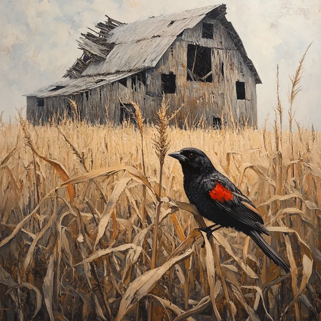 The painting depicts a rustic scene of a dilapidated barn standing in a field of dried corn stalks.  A red-winged blackbird perches prominently on the stalks in the foreground, its vibrant red patch contrasting against its dark plumage and the muted browns and grays of the background. The overall mood is one of quiet solitude and the passage of time, with the decaying barn symbolizing age and the bird suggesting a sense of resilience amidst the stillness. The textured brushstrokes give the painting a palpable sense of depth and texture.