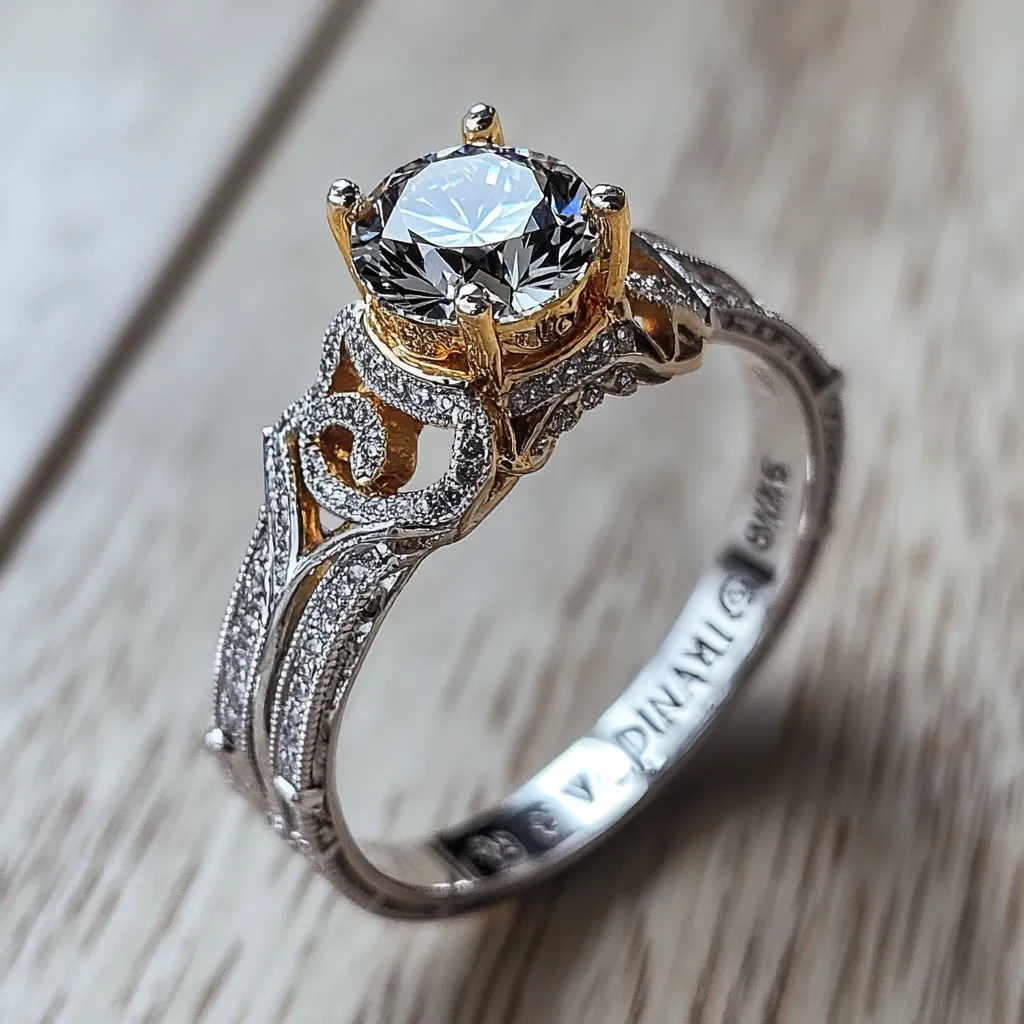 Here's a description of the image:

Close-up view of a Dinami ring featuring a large, round, brilliant-cut gemstone, likely a diamond or moissanite, set in a gold mount. The setting is intricate, with a filigree design incorporating smaller diamonds or similar stones along the band.  The band itself is a two-tone design, combining white metal (likely platinum or white gold) and yellow gold, creating a striking contrast. The ring's interior is marked with the "Dinami" brand name. The ring rests on a light-colored wooden surface.