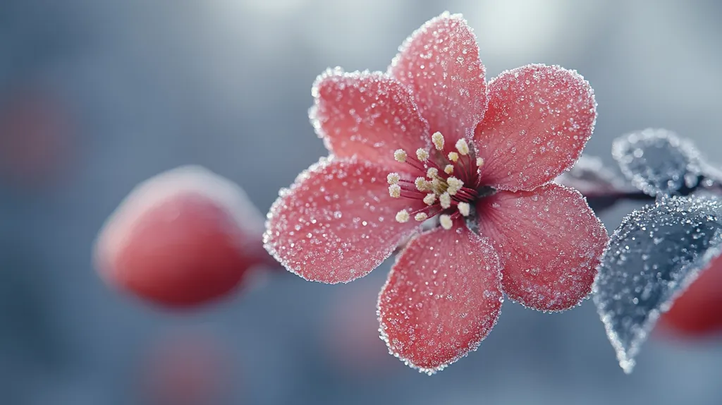 Here's a description of the image:

A close-up shot reveals a delicate, frost-covered pink flower, possibly a quince blossom, in sharp focus.  Tiny ice crystals adorn its petals and the surrounding leaves, creating a sparkling, ethereal effect. The flower's intricate details, including its pistil and stamens, are clearly visible.  A blurred, out-of-focus bud is visible in the background, suggesting more blossoms on the branch. The overall color palette is cool and muted, with the pink of the flower contrasting against the bluish-gray background. The image conveys a sense of serene beauty and the fragility of nature in winter.